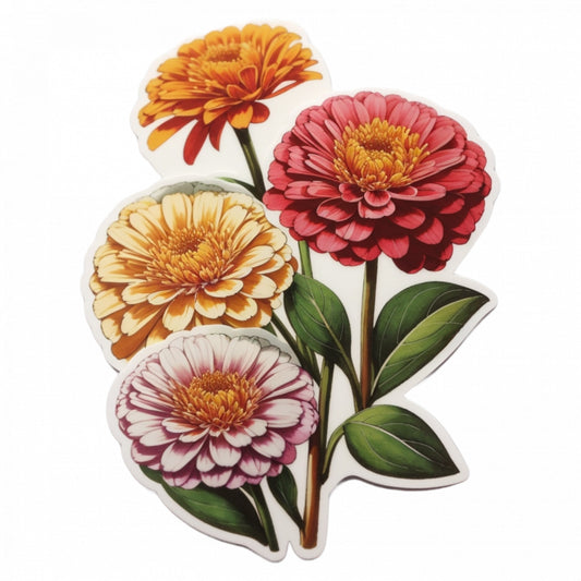Set 3 bucati, Sticker decorativ, Flori de zinnia, Rezistent la apa, NO1411, 6 cm, Multicolor
