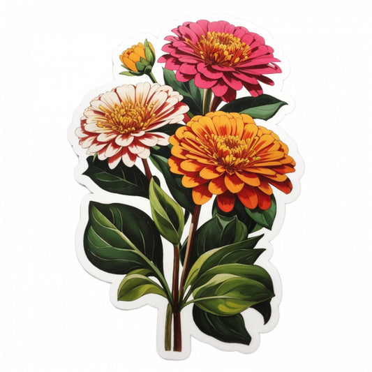 Set 3 bucati, Sticker decorativ, Flori de zinnia, Rezistent la apa, NO1413, 6 cm, Multicolor