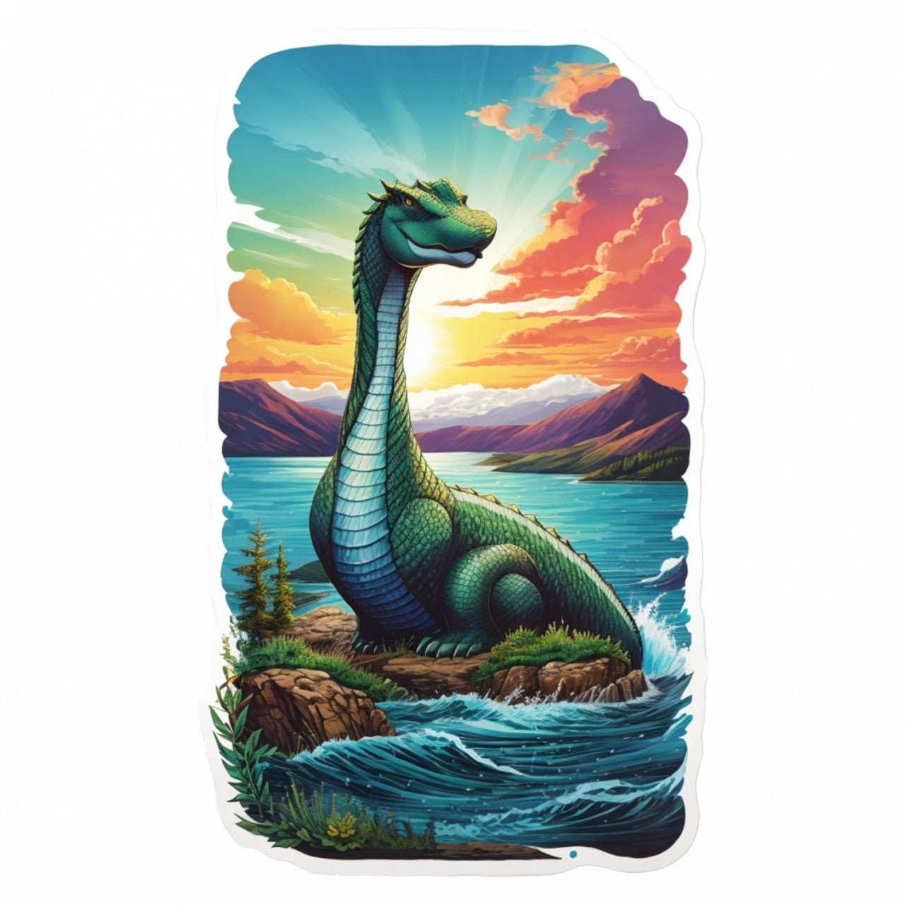 Set 3 bucati, Sticker decorativ, Monstrul din Loch Ness in asfintit, Rezistent la apa, NO816, 6 cm, Multicolor