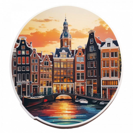 Set 3 bucati, Sticker decorativ, Oras Amsterdam la apus, Rezistent la apa, NO189, 6 cm, Multicolor