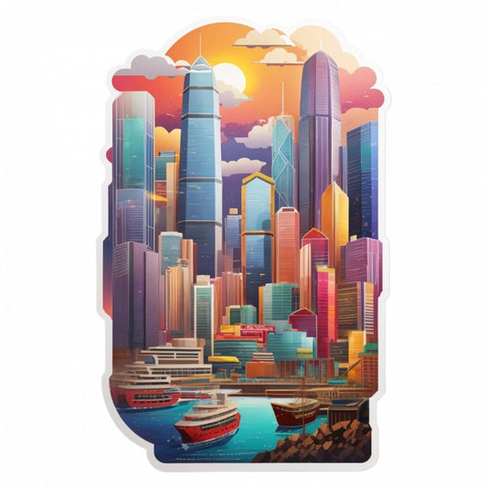 Set 3 bucati, Sticker decorativ, Oras Hong Kong la apus, Rezistent la apa, NO716, 6 cm, Multicolor