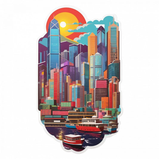 Set 3 bucati, Sticker decorativ, Oras Hong Kong la rasarit, Rezistent la apa, NO714, 6 cm, Multicolor