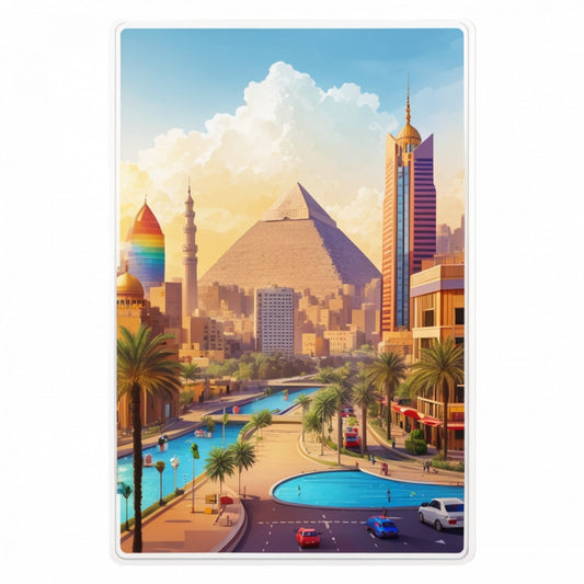 Set 3 bucati, Sticker decorativ, Orasul Cairo cu piramide si minarete, Rezistent la apa, NO312, 6 cm, Multicolor