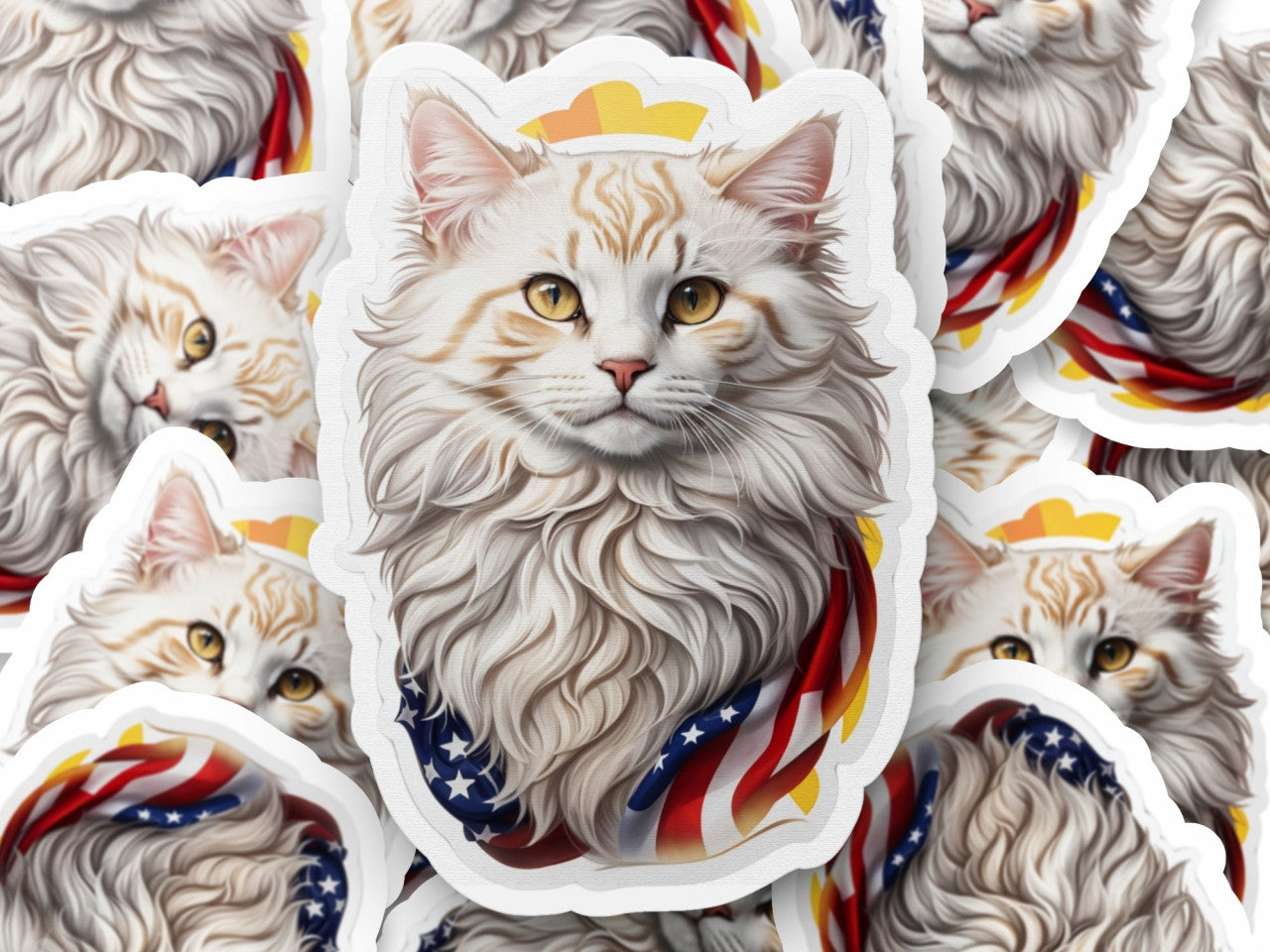 Set 3 bucati, Sticker decorativ, Pisica American Curl cu esarfa la gat, Rezistent la apa, NO201, 6 cm, Multicolor