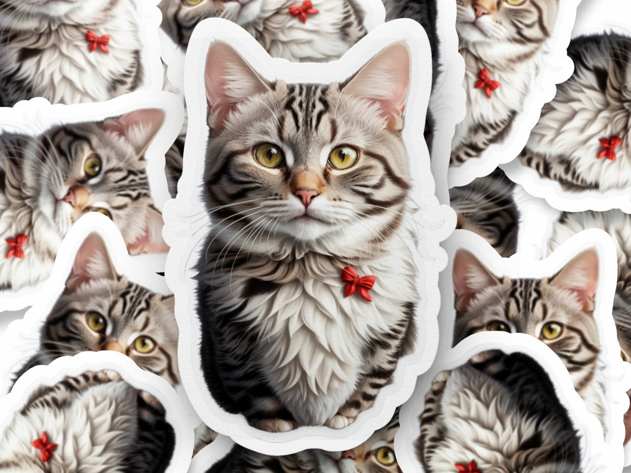 Set 3 bucati, Sticker decorativ, Pisica American wirehair cu fundita, Rezistent la apa, NO197, 6 cm, Multicolor