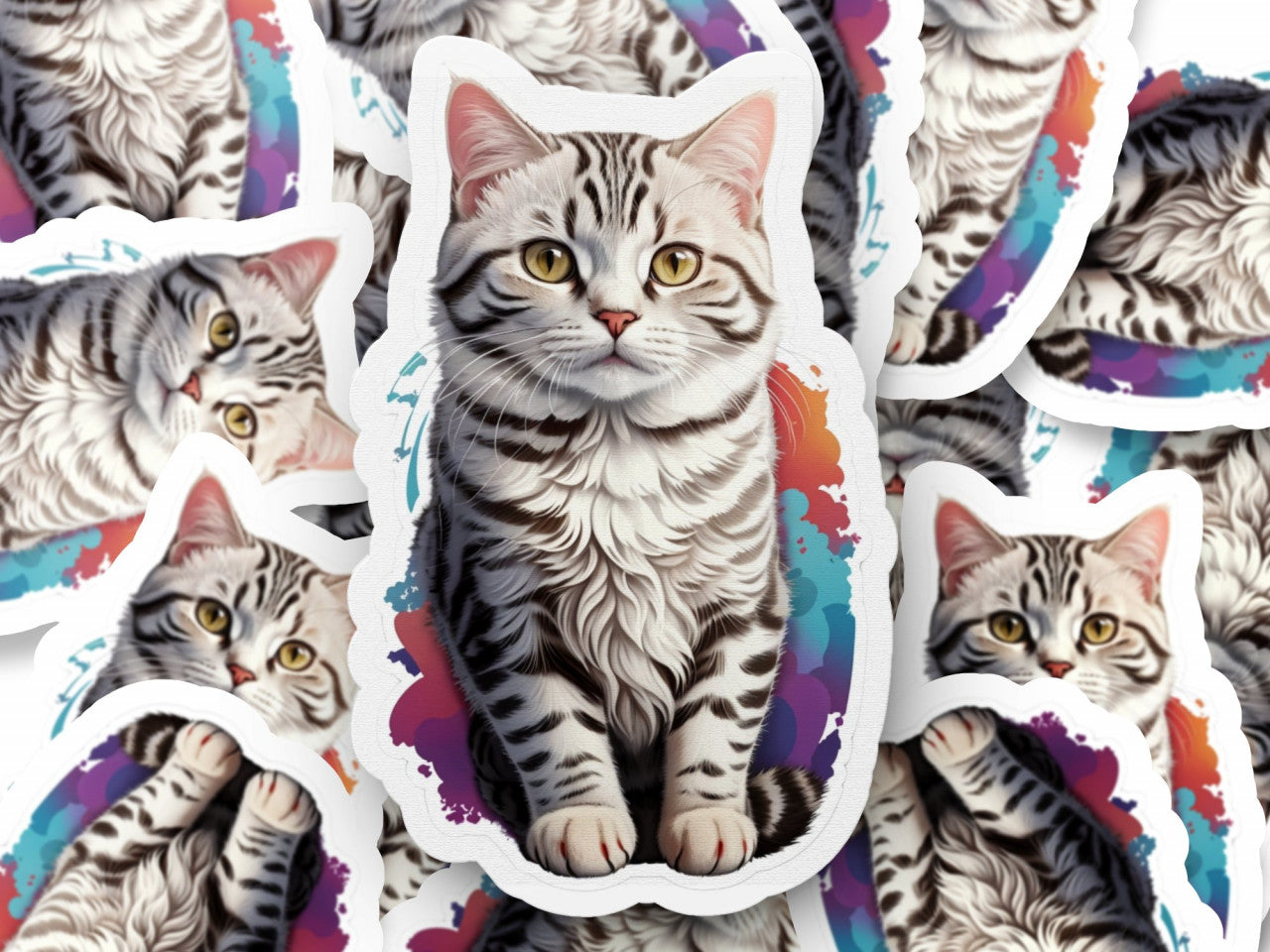 Set 3 bucati, Sticker decorativ, Pisica Americana cu par scurt, Rezistent la apa, NO199, 6 cm, Multicolor