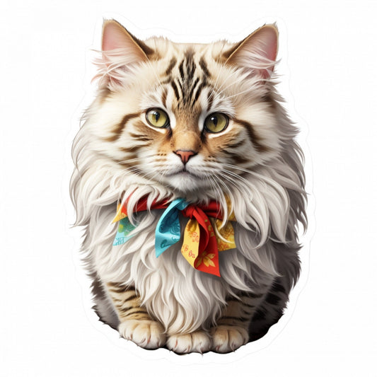 Set 3 bucati, Sticker decorativ, Pisica Ragamuffin cu funda, Rezistent la apa, NO1118, 6 cm, Multicolor