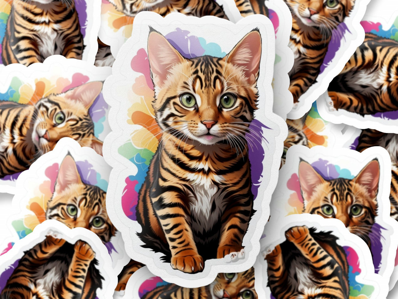 Set 3 bucati, Sticker decorativ, Pisica Toyger, Rezistent la apa, NO1313, 6 cm, Multicolor
