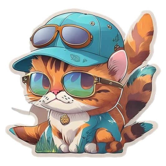 Set 3 bucati, Sticker decorativ, Pisicuta cu ochelari si sapca, Rezistent la apa, NO2344, 6 cm, Multicolor