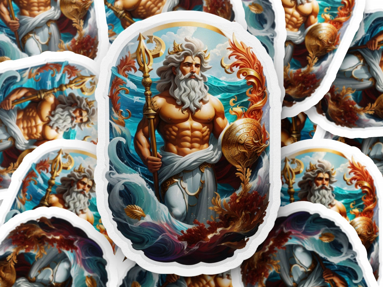Set 3 bucati, Sticker decorativ, Zeul egiptean Oceanus cu scut si sceptru, Rezistent la apa, NO974, 6 cm, Multicolor