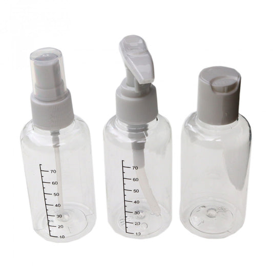 Set 3 bucati, Sticlute pentru calatorii cu avionul, gradate, din plastic, 75 ml, transparent