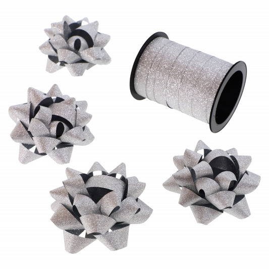 Set 4 bucati Fundite cu sclipici de 5 cm si Panglica 1 cm x 10 m, NO112, Argintiu
