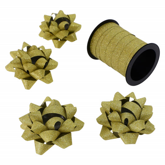 Set 4 bucati Fundite cu sclipici de 5 cm si Panglica 1 cm x 10 m, NO114, Auriu