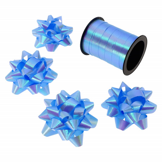 Set 4 bucati Fundite de 5 cm si Panglica, 1 cm x 10 m, Albastru