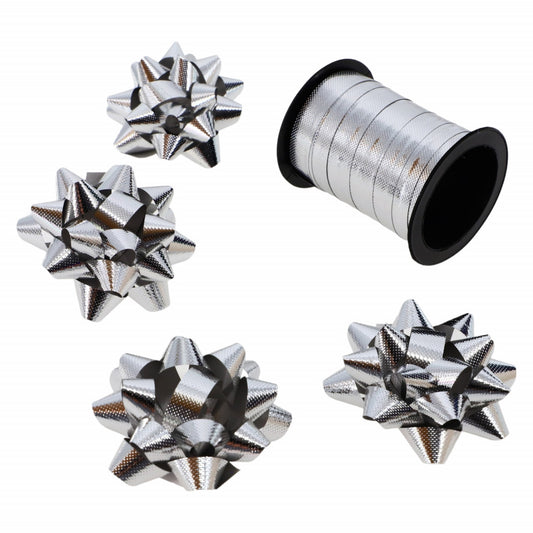 Set 4 bucati Fundite de 5 cm si Panglica, 1 cm x 10 m, Argintiu