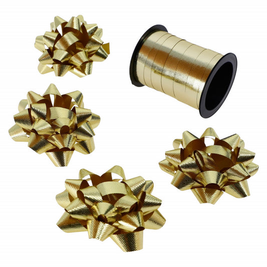 Set 4 bucati Fundite de 5 cm si Panglica, 1 cm x 10 m, Auriu