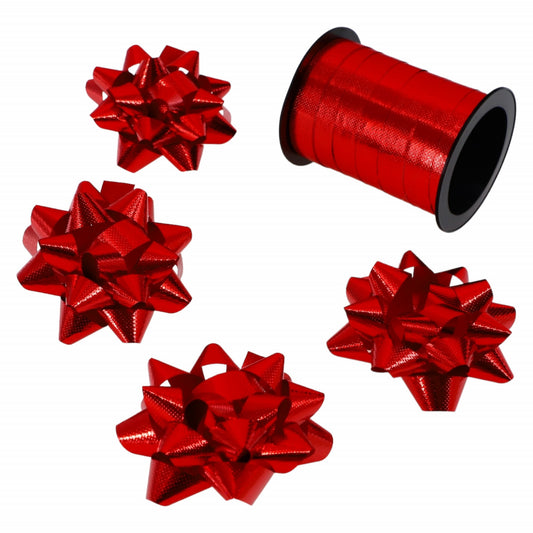 Set 4 bucati Fundite de 5 cm si Panglica, 1 cm x 10 m, Rosu