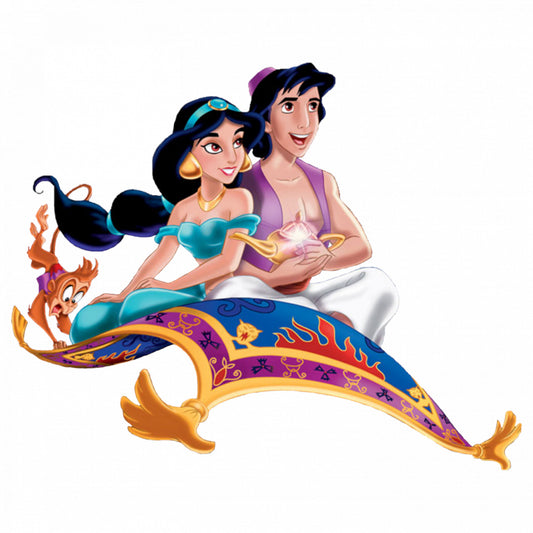 Set 4 bucati, Sticker decorativ, Aladdin si printesa Jasmine pe covorul magic, Rezistent la apa, NO7925, 10 cm, Multicolor