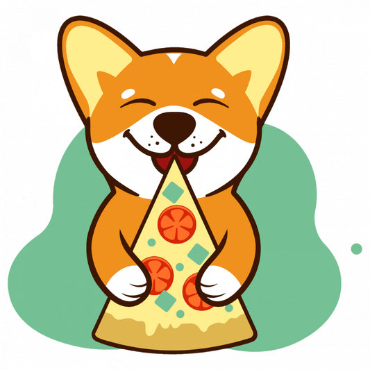 Set 4 bucati, Sticker decorativ, Caine rasa Welsh Corgi cu pizza, Rezistent la apa, NO8706, 10 cm, Multicolor