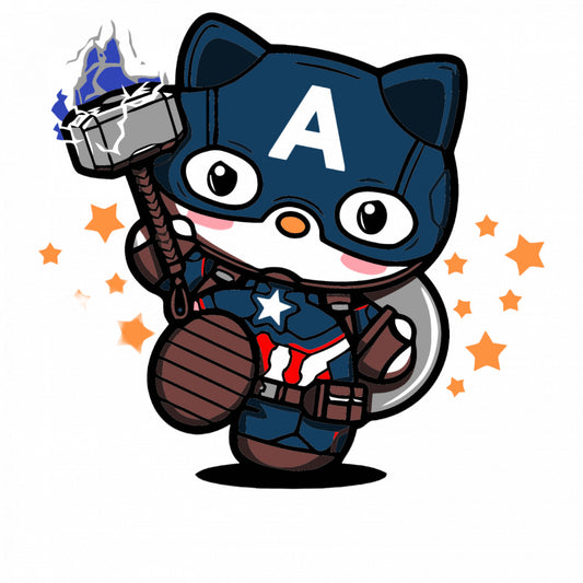 Set 4 bucati, Sticker decorativ, Captain America Hello Kitty supererou, Rezistent la apa, NO8727, 10 cm, Multicolor