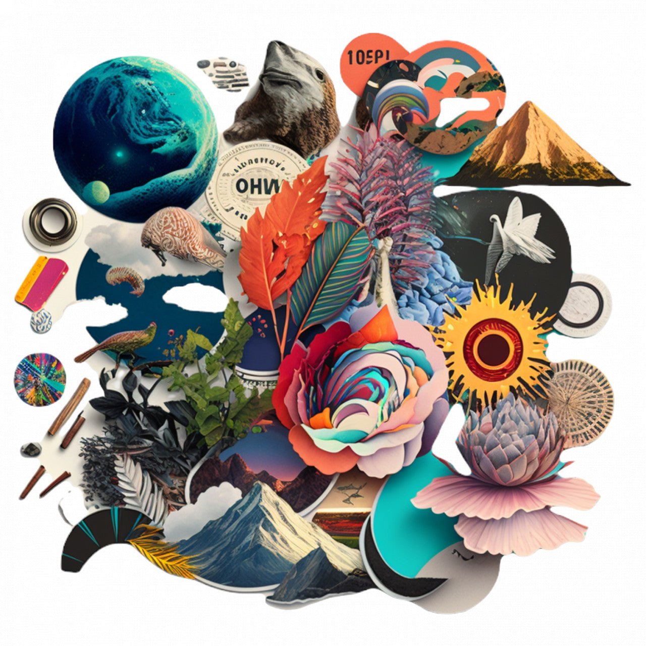 Set 4 bucati, Sticker decorativ, Colaj de materiale diverse, Rezistent la apa, NO8862, 10 cm, Multicolor