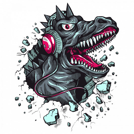 Set 4 bucati, Sticker decorativ, Dinozaurul asculta la casti, Rezistent la apa, NO9023, 10 cm, Multicolor
