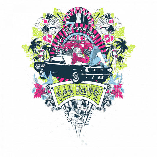 Set 4 bucati, Sticker decorativ, Las Vegas Car Show, Rezistent la apa, NO9876, 10 cm, Multicolor