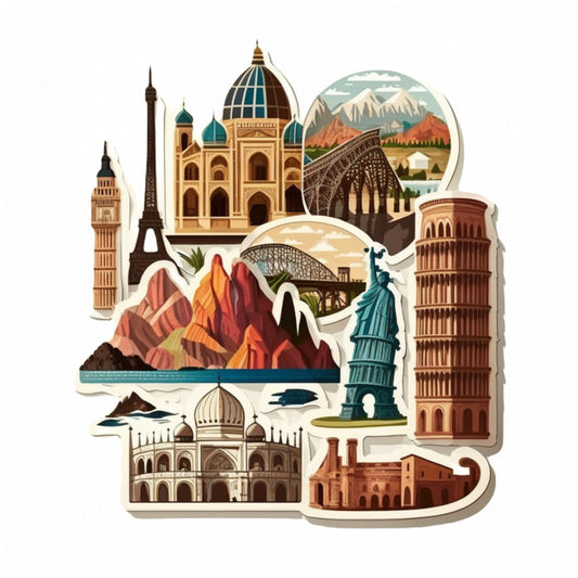 Set 4 bucati, Sticker decorativ, Magneti de calatorie cu simboluri de orase, Rezistent la apa, NO9959, 10 cm, Multicolor