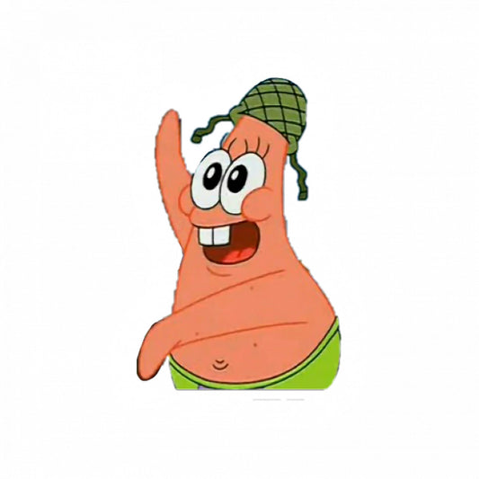 Set 4 bucati, Sticker decorativ, Patrick Star bucurs cu caciula Meme, Rezistent la apa, NO10118, 10 cm, Multicolor