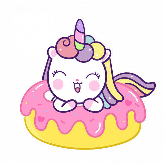 Set 4 bucati, Sticker decorativ, Pisica unicorn pe gogoasa, Rezistent la apa, NO10259, 10 cm, Multicolor