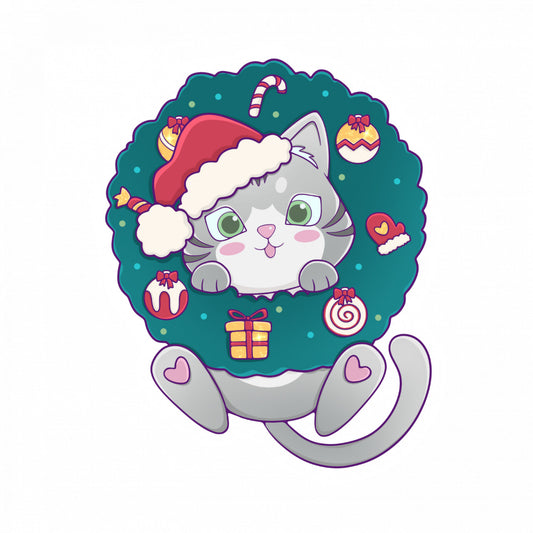 Set 4 bucati, Sticker decorativ, Pisicuta cu coronita de Craciun, Rezistent la apa, NO10270, 10 cm, Multicolor