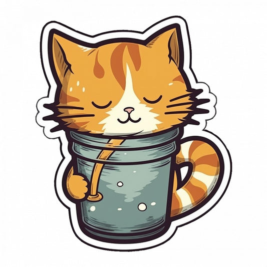 Set 4 bucati, Sticker decorativ, Pisicuta intr-o cana de cafea, Rezistent la apa, NO7504, 10 cm, Multicolor