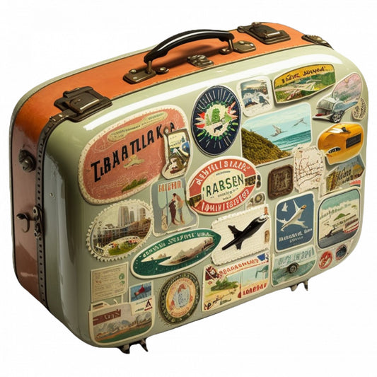 Set 4 bucati, Sticker decorativ, Valiza vintage decorata cu timbre, Rezistent la apa, NO9797, 10 cm, Multicolor
