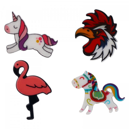 Set 4 insigne amuzante, Cal, Unicorn, Cocos, Flamingo, NO934, 3.5 cm, Multicolor