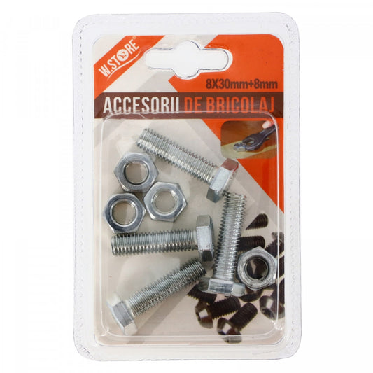 Set 4 suruburi cu piulita, cap hexagonal, 8 x 30 mm + 8 mm