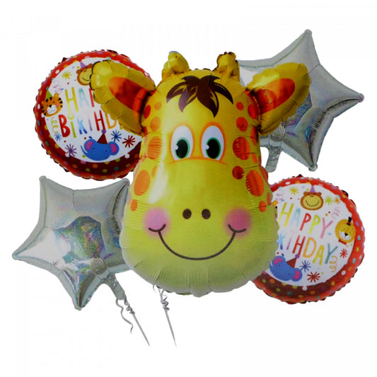 Set 5 bucati, Folie balon, Happy Birthday, Girafa, 1buc - 63 x 45 cm, 4buc - 45 cm, Multicolor