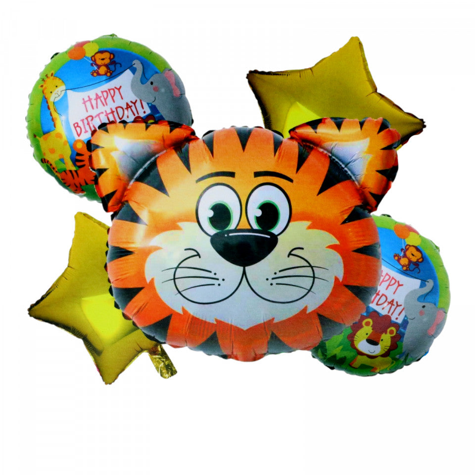 Set 5 bucati, Folie balon, Happy Birthday, Leu, 1buc - 53 x 56 cm, 4buc - 45 cm, Multicolor