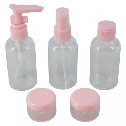 Set 5 bucati, recipiente pentru calatorii cu avionul, din plastic, cu borseta, NO4136, 15-75 ml, Roz