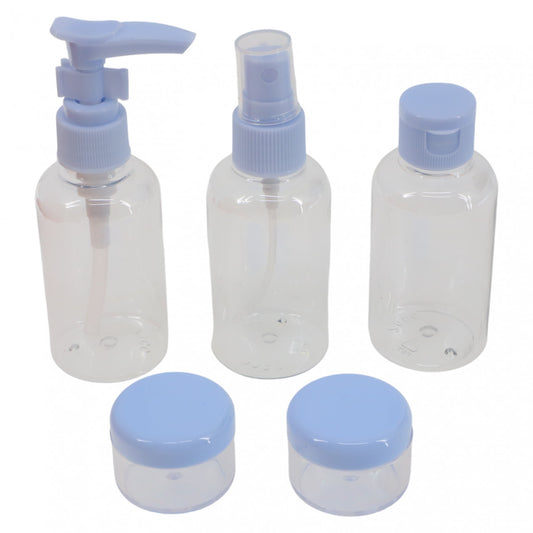 Set 5 bucati, recipiente pentru calatorii cu avionul, din plastic, cu borseta, NO9365, 15-75 ml, Albastru