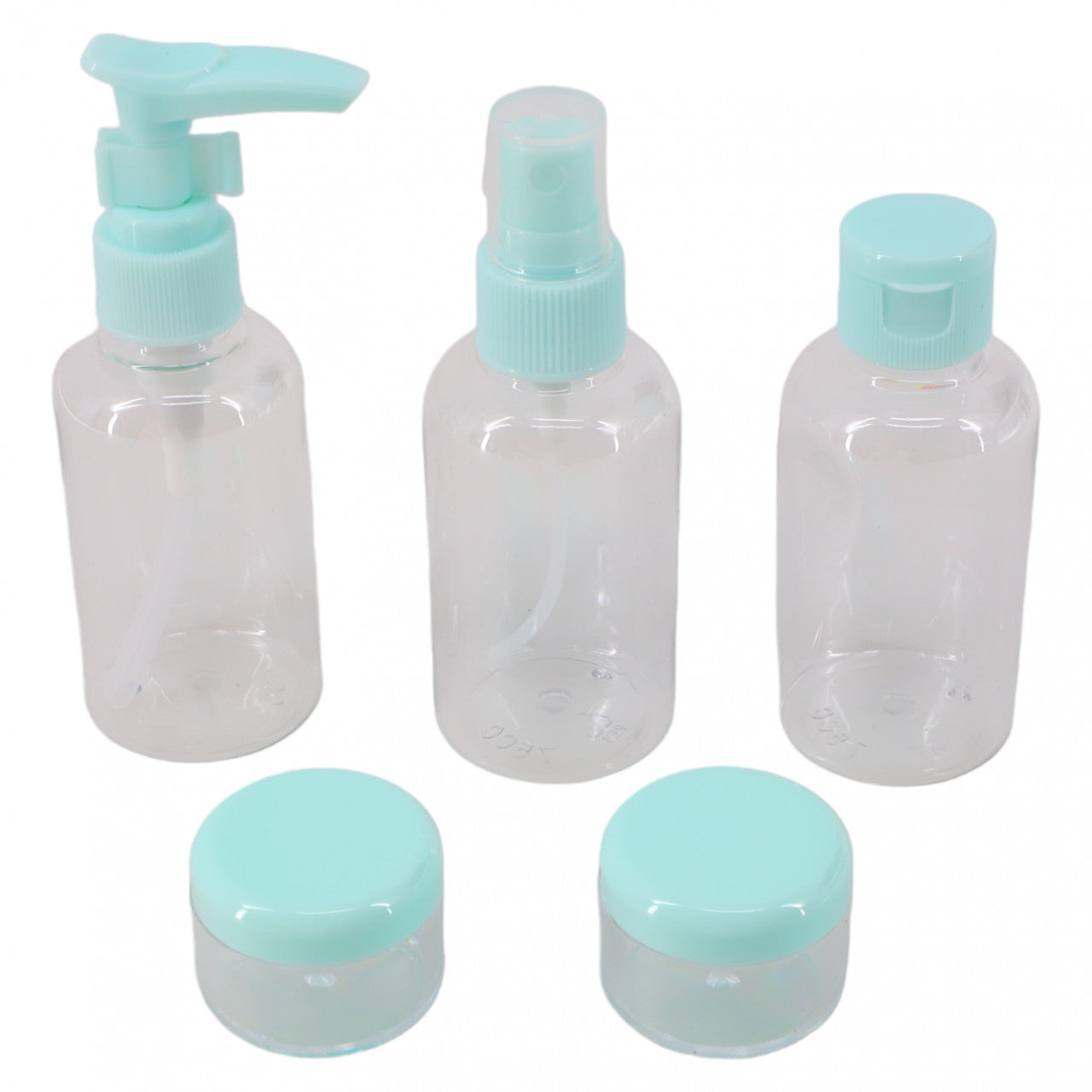 Set 5 bucati, recipiente pentru calatorii cu avionul, din plastic, cu borseta, NO9442, 15-75 ml, Verde