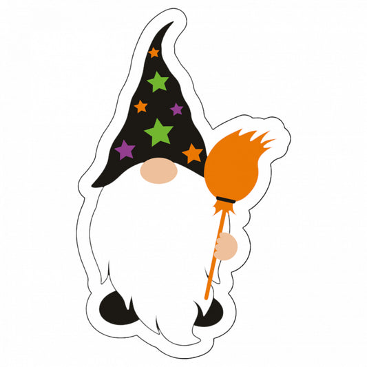 Set 5 bucati, Sticker decorativ, Gnom de Halloween cu matura, Rezistent la apa, NO9445, 6 cm, Multicolor