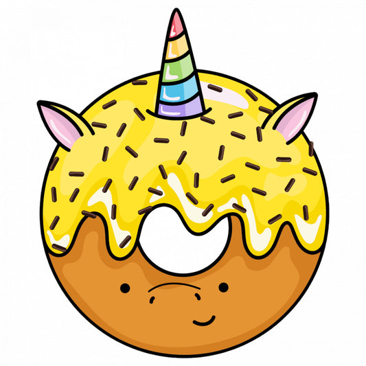 Set 5 bucati, Sticker decorativ, Gogoasa Donut Unicorn cu banane, Rezistent la apa, NO9464, 6 cm, Multicolor
