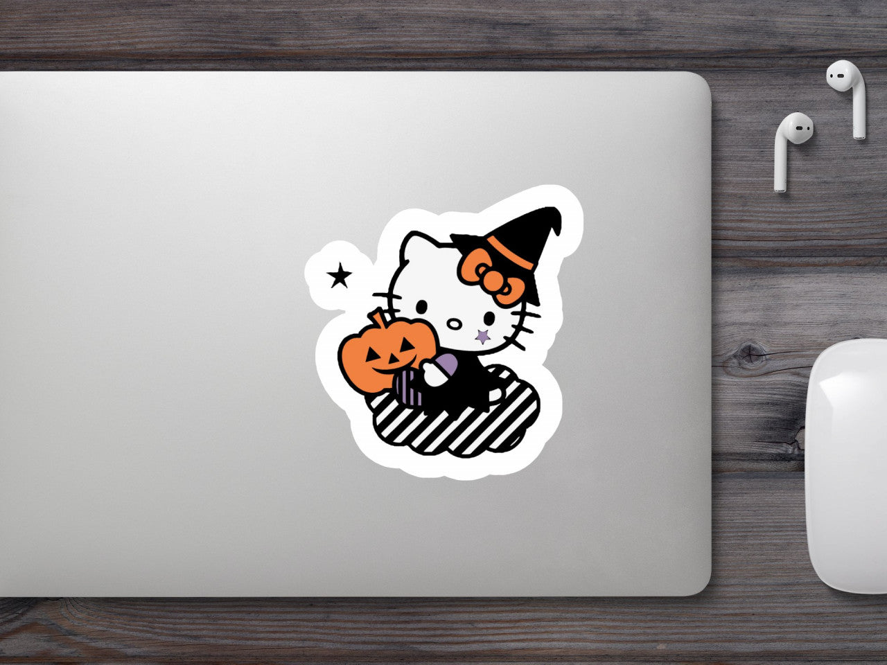 Set 5 bucati, Sticker decorativ, Hello Kitty cu dovleac Halloween, Rezistent la apa, NO9608, 6 cm, Multicolor