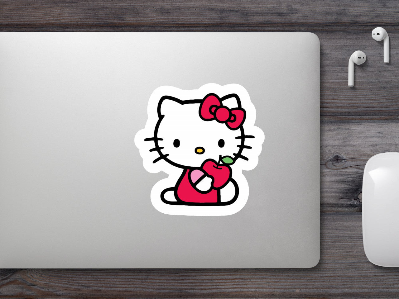 Set 5 bucati, Sticker decorativ, Hello Kitty cu mar, Rezistent la apa, NO9613, 6 cm, Multicolor