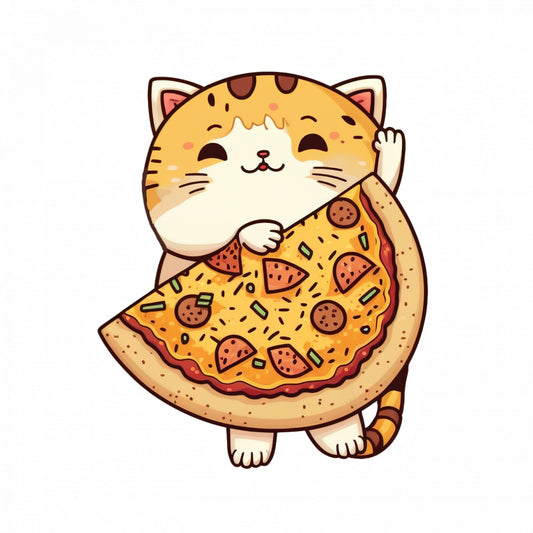 Set 5 bucati, Sticker decorativ, Pisicuta mancand pizza, Rezistent la apa, NO7511, 6 cm, Multicolor