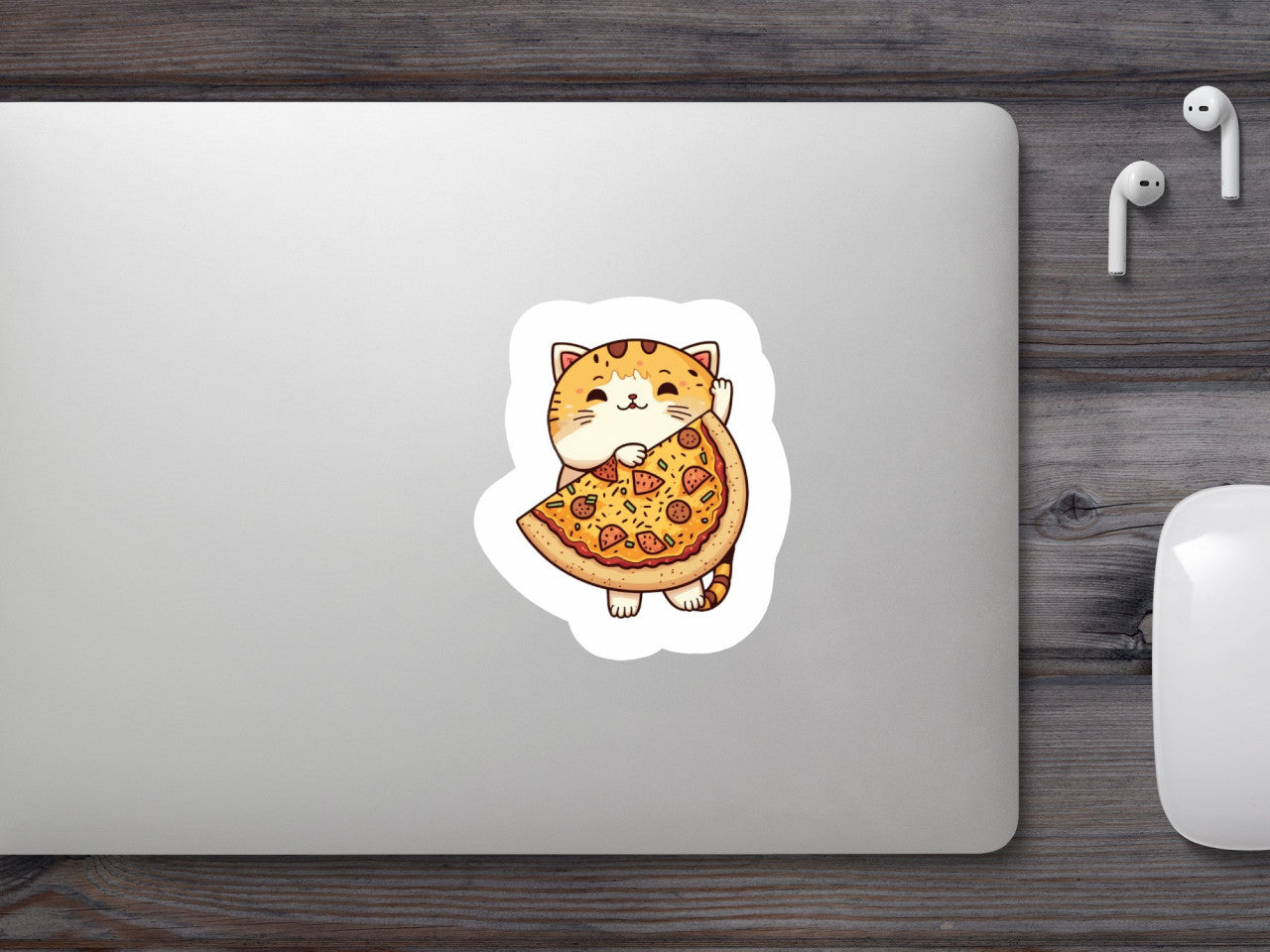 Set 5 bucati, Sticker decorativ, Pisicuta mancand pizza, Rezistent la apa, NO7511, 6 cm, Multicolor