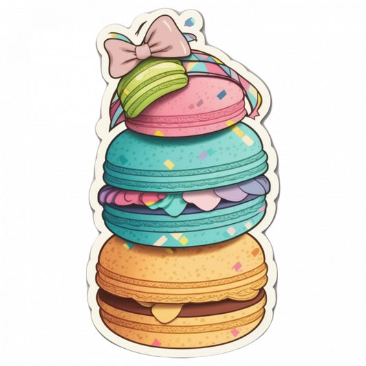 Set 5 bucati, Sticker decorativ, Prajitura macaron turn cu fundita, Rezistent la apa, NO7708, 6 cm, Multicolor