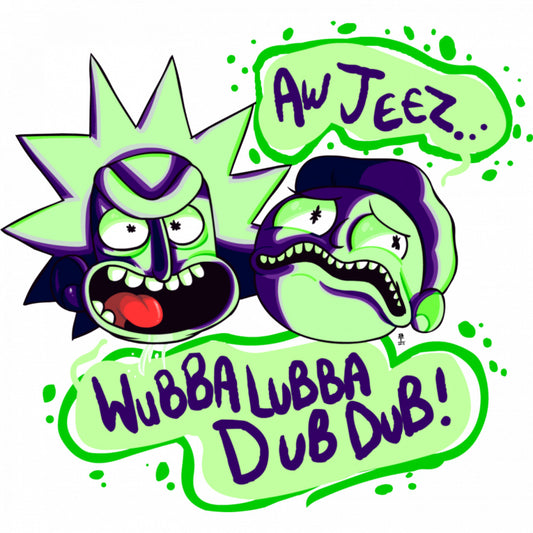 Set 5 bucati, Sticker decorativ, Rick and morty Aw Jeez Wubba Lubba Dub Dub, Rezistent la apa, NO7777, 6 cm, Multicolor