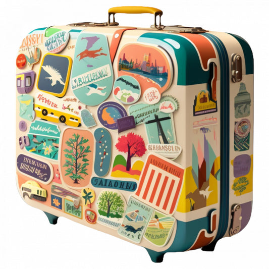 Set 5 bucati, Sticker decorativ, Valiza tapetata cu timbre, Rezistent la apa, NO8383, 6 cm, Multicolor