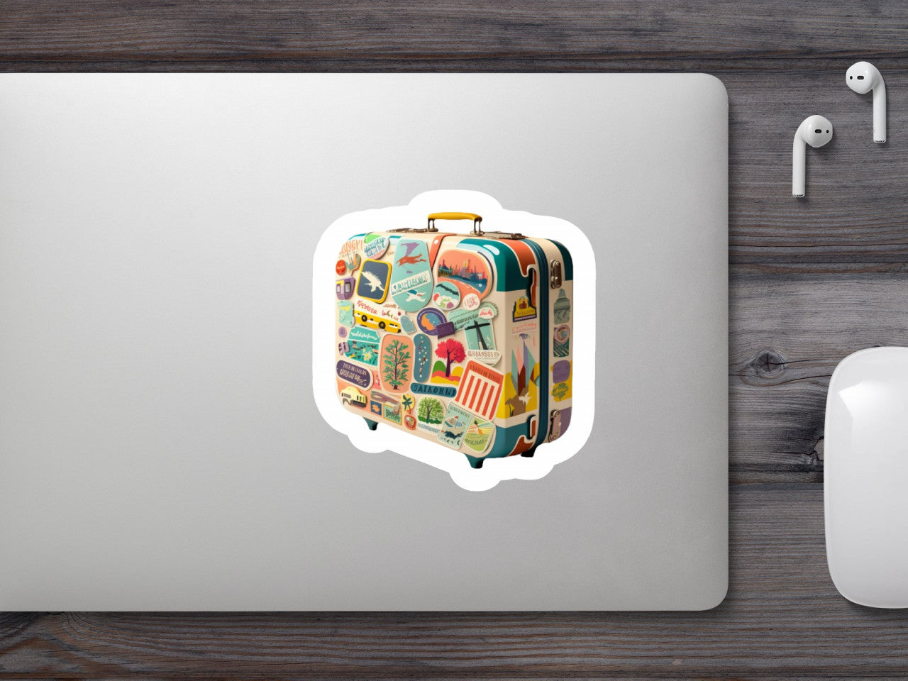 Set 5 bucati, Sticker decorativ, Valiza tapetata cu timbre, Rezistent la apa, NO8383, 6 cm, Multicolor